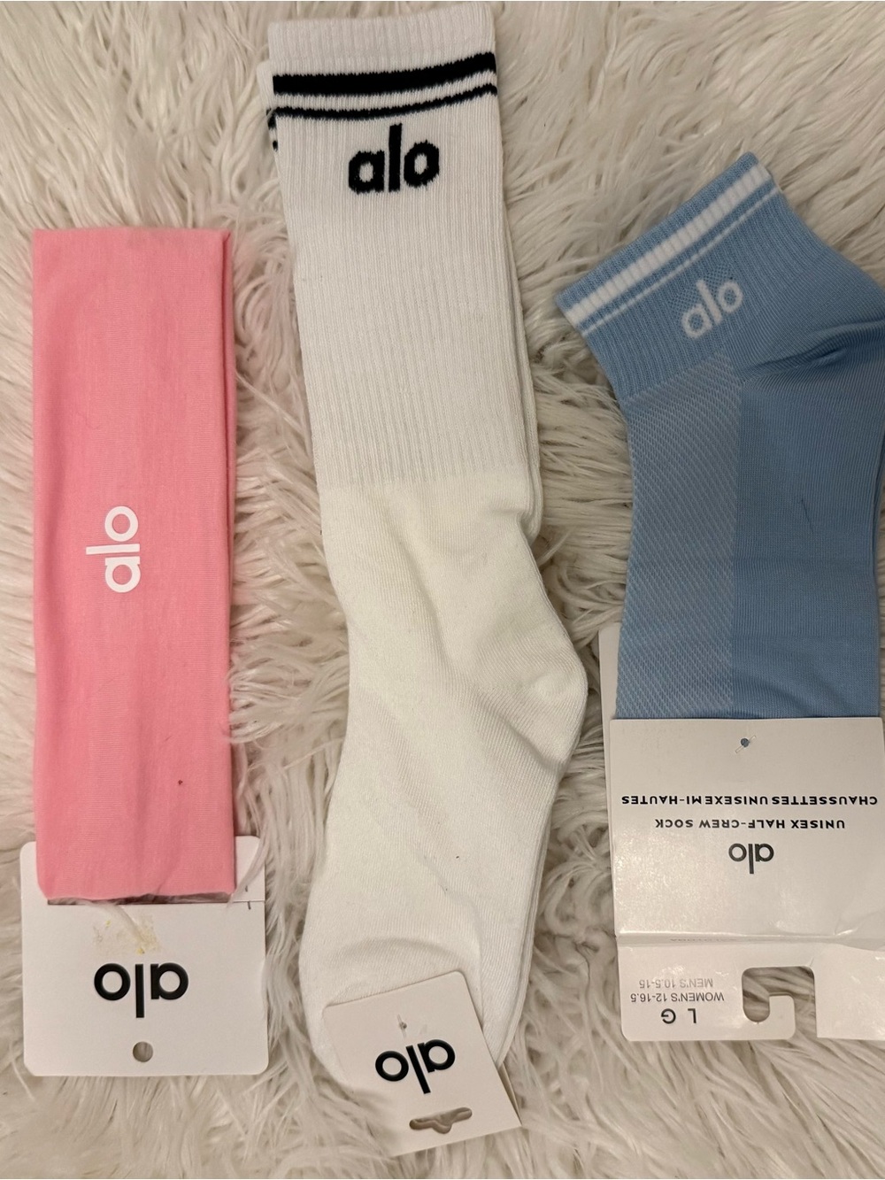 ALO Yoga Women’s Pink Headband White Knee Socks & Blue Crew Socks